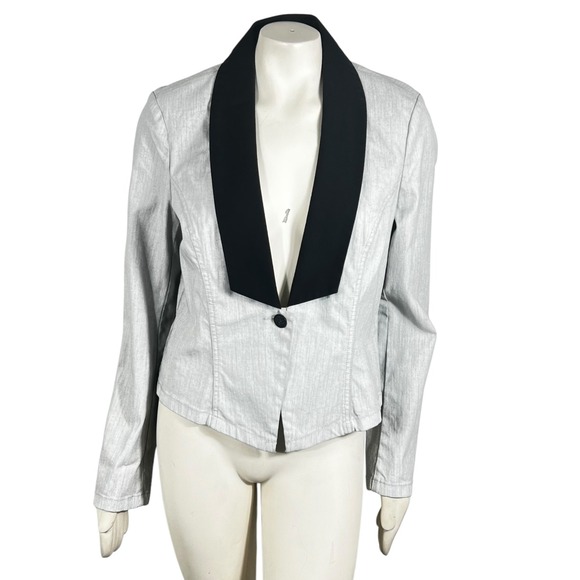 Rock & Republic Gray Stone Stretch Denim Blazer Tux Jacket Black Collar Size‎ 16 - Picture 1 of 10